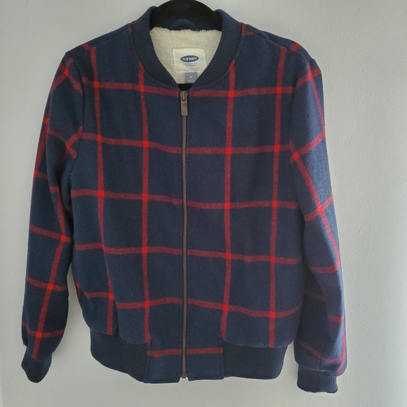 Old Navy Women's Plaid Wool-Blend Sherpa Lined Bomber Jacket, Navy/Red, M - Picture 2 of 12